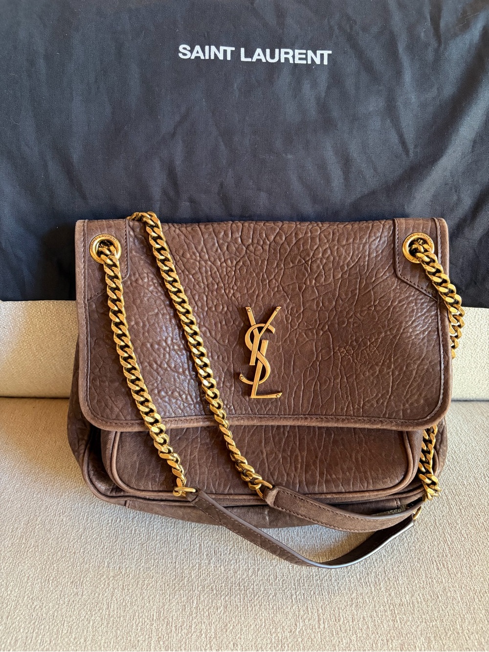 YSL Medium Niki Brown Leather Shoulder Bag with Gold Chain